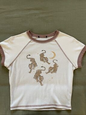 Cream Waffle Knit Tee with Tiger & Moon Graphic